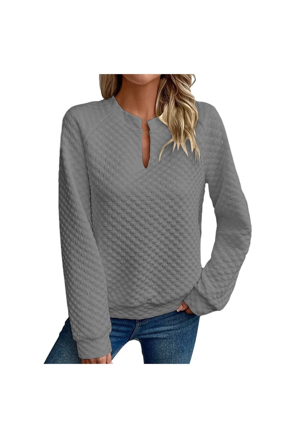 Long Sleeve Shirts for Women, Women's Casual Textured Quilted Sweatshirts 2026 Split V Neck Long Sleeve Solid Loose Pullover Tops