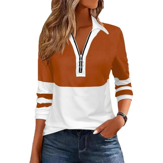 Long Sleeve Shirts for Women, Women's Half Zipper Long Sleeve Shirt Stripes Color Block Lapel T-Shirts Casual Loose Solid Tunic Tops