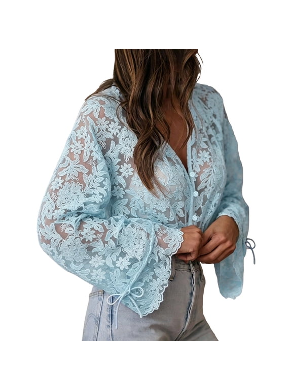 Long Sleeve Shirts for Women, Women's Lace Button Up Shirt Peasant Boho Embroidered Tops Long Sleeve Floral Sheer Blouses