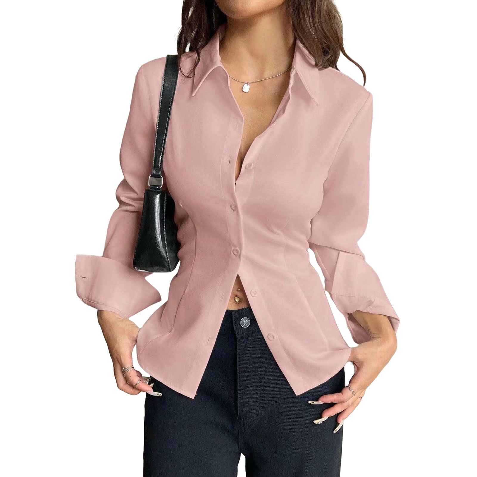 Long Sleeve Shirts for Women, Women's Long Bell Sleeve Button Down Shirt Lace Up Back Princess Line Lapel Top