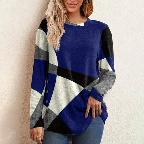 Long Sleeve Shirts for Women Women's Patchwork Printed Round Neck Loose Long Sleeve Top With Buttons Blue