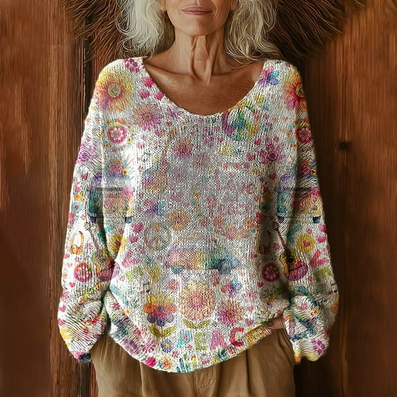 Long Sleeve Shirts for Women Women's Pattern Printed Casual Pullover Sweater White