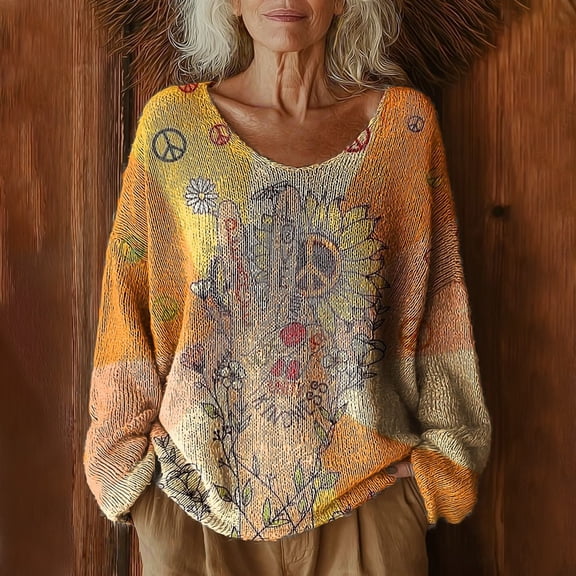 Long Sleeve Shirts for Women Women's Pattern Printed Casual Pullover Sweater Yellow