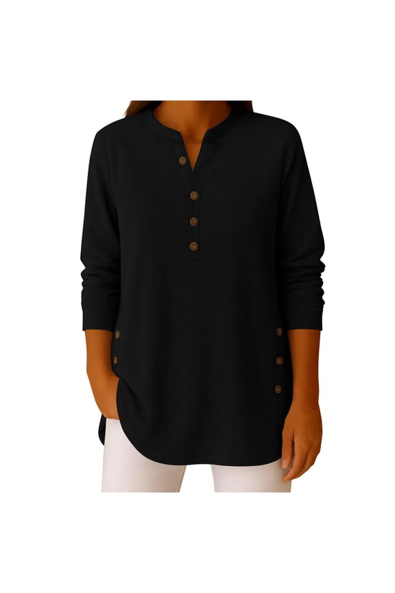 Long Sleeve Shirts for Women, Women's Reversible German Fleece Shirt Solid Color Crew Neck Sweater, Loose Button Pullover Long-Sleeved Sweater Shirt
