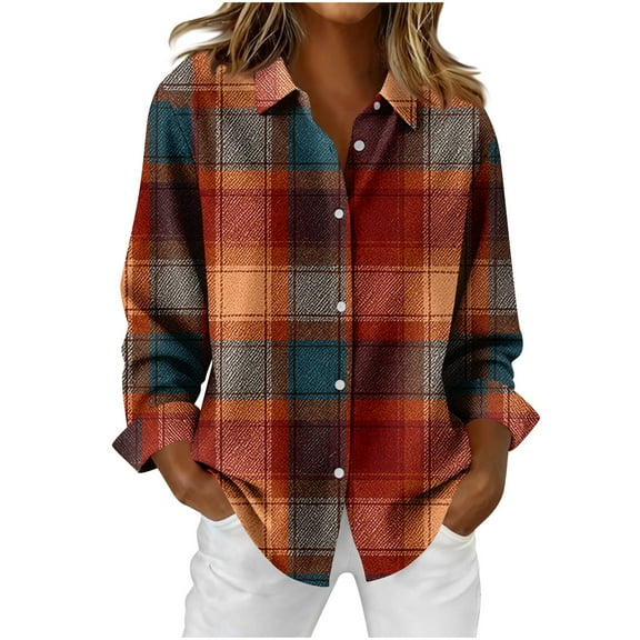 Long Sleeve Shirts for Women, Women's V Neck Plaid Shirts Flannel Casual Blouses Button-Down Business Loose Tops Long Sleeve Outfits