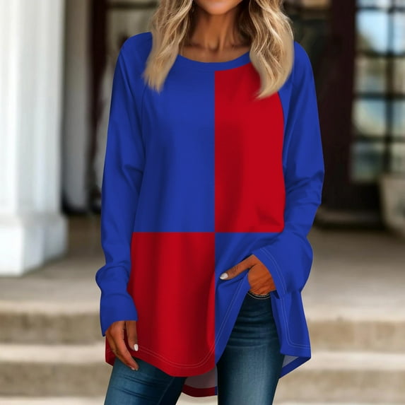 Long Sleeve Shirts for Women Women's loose round neck colorful long-sleeved T-shirt top pullover Womens Tops Blue 2XL