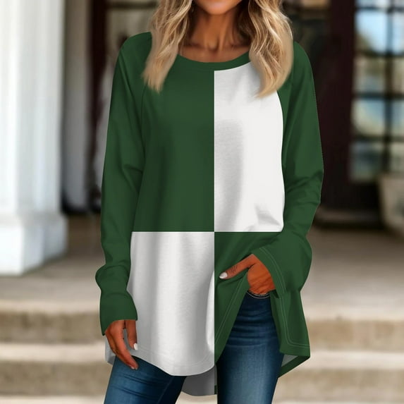 Long Sleeve Shirts for Women Women's loose round neck colorful long-sleeved T-shirt top pullover Womens Tops Green 2XL