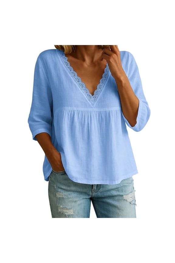 Long Sleeve Shirts for Women, Womens 3/4 Sleeve Lace Trim V Neck Ruffle Shirts Tunic Babydoll Tops Flowy Pleated Loose Fashion Cute Peplum Blouses