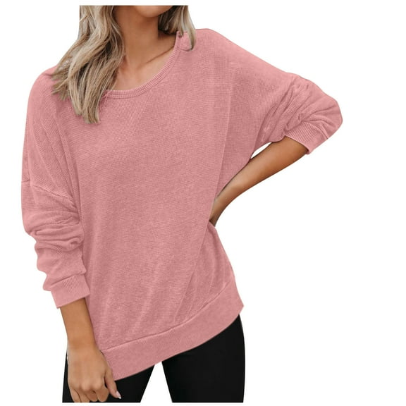 Long Sleeve Shirts for Women, Womens Crewneck Sweatshirts Knit Tops Solid Color Side Slit Casual Loose Blouses Fall