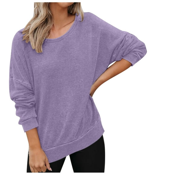 Long Sleeve Shirts for Women, Womens Crewneck Sweatshirts Knit Tops Solid Color Side Slit Casual Loose Blouses Fall