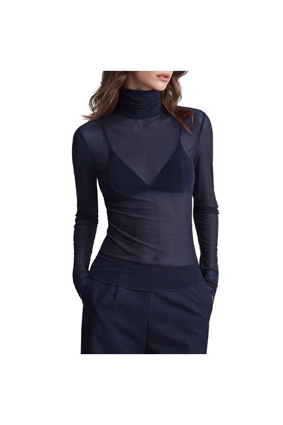 Long Sleeve Shirts for Women, Womens Mesh Long Sleeve Tops Turtleneck See Through Slim Fitted Blouse Sheer Going Out Club Party Fall Tee Shirts