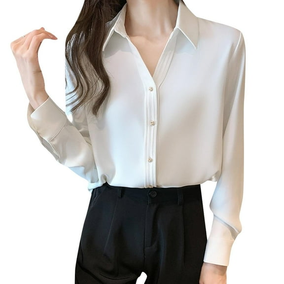 Long Sleeve Shirts for Women, Womens Stain Business Dressy Casual Blouse Button Up V Neck Long Sleeve Tops Work Shirt Fall Outfit 2026 Trendy
