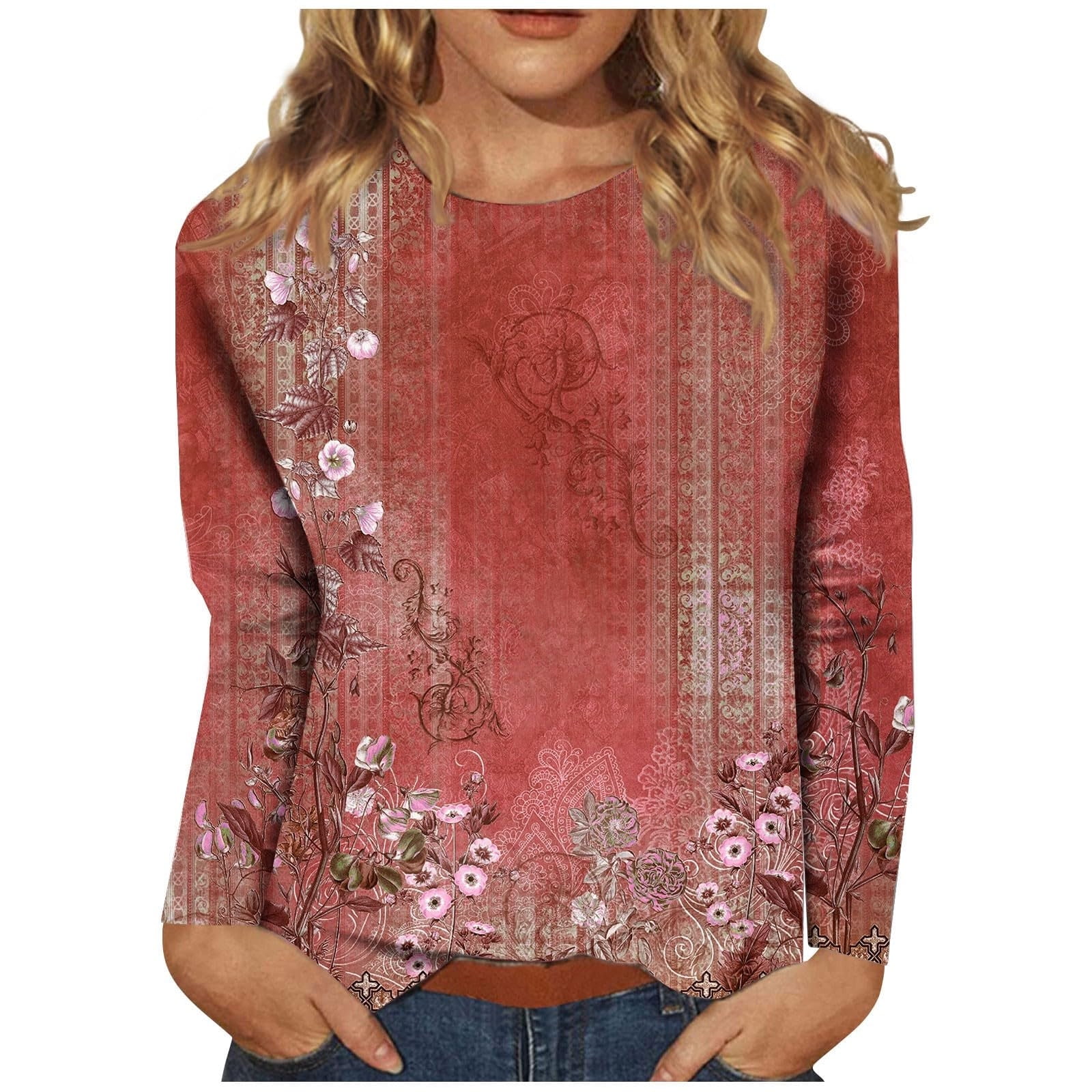 Long Sleeve Shirts for Women - Womens T Shirts Long Sleeve Crew Neck Shirts Basic Tee Sort Comfy Printed Tops Blouse