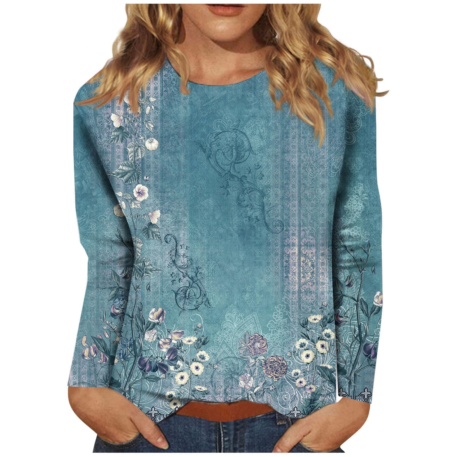Long Sleeve Shirts for Women - Womens T Shirts Long Sleeve Crew Neck Shirts Basic Tee Sort Comfy Printed Tops Blouse