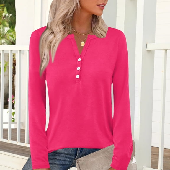 Long Sleeve Shirts for Women Womens Tops Blouses Button Henley Tee Hot Pink L