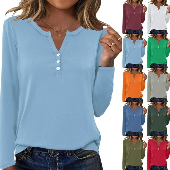 Long Sleeve Shirts for Women Womens Tops Blouses Button Henley Tee Sky Blue S