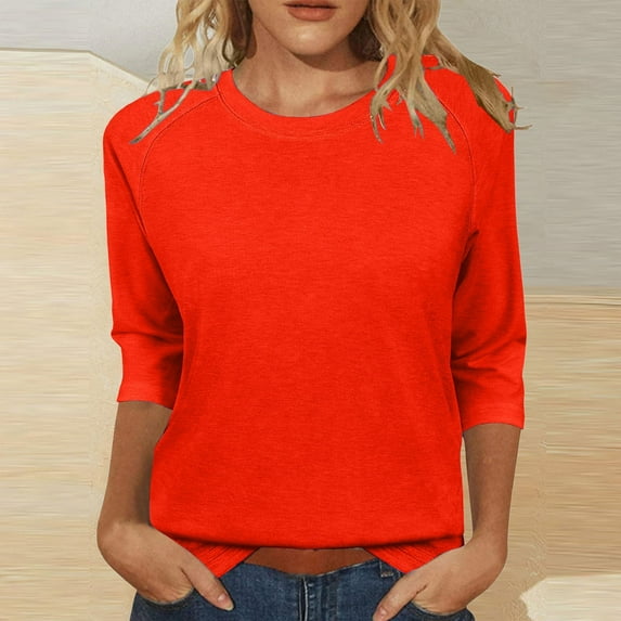Long Sleeve Shirts for Women, Womens Tops Casual 3/4 Sleeve Crew Neck Shirts Loose Fit Tunic Blouses Summer Tees, Orange S