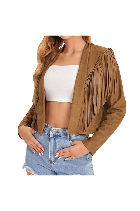Long Sleeve Shirts for Women, Womens Western Jacket Faux Suede Fringe Shacket Fashion 2026 Coat Cropped Outerwear Open Front Tassel Cardigan