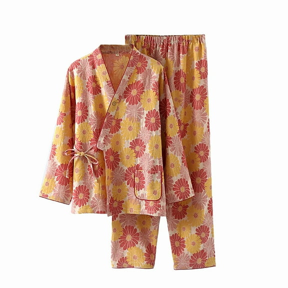 Long Sleeve Shirts for Women Woven Japanese Kimono Pajama Set - Cotton Loose Fit Comfortable Loungewear Set Shirts for Women Womens Blouses