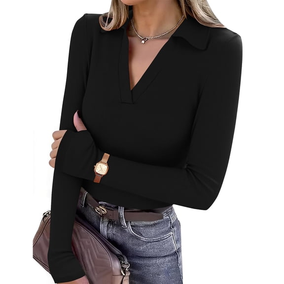 Long Sleeve Shirts for Women Y2K Going Out Tops Deep V Neck Polo Shirt Thumb Holes Ribbed Fall Fashion Pullover Black XL