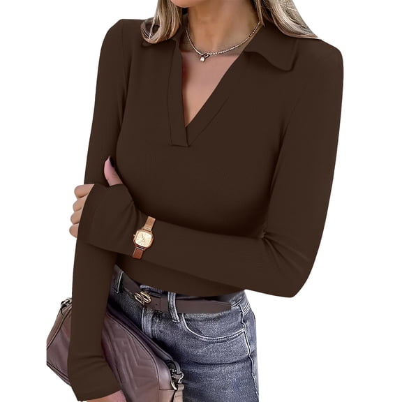 Long Sleeve Shirts for Women Y2K Going Out Tops Deep V Neck Polo Shirt Thumb Holes Ribbed Fall Fashion Pullover Coffee L
