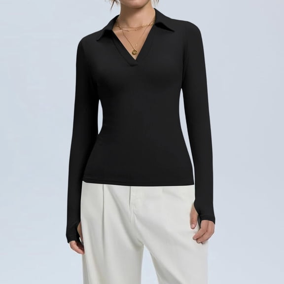 Long Sleeve Shirts for Women Y2K Going Out Tops Deep V Neck Polo Shirt Thumb Holes Ribbed Pullover Fall Fashion Black S