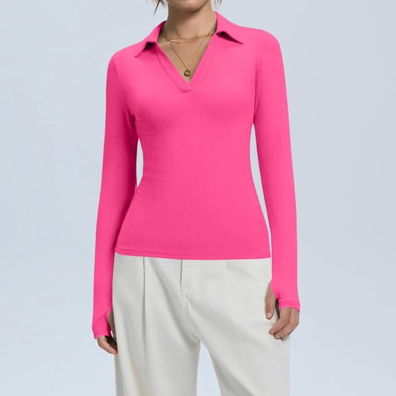 Long Sleeve Shirts for Women Y2K Going Out Tops Deep V Neck Polo Shirt Thumb Holes Ribbed Pullover Fall Fashion Hot Pink S