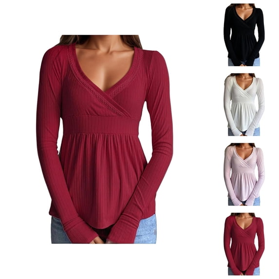 Long Sleeve Shirts for Women Y2k Knit Tops Lace Patchwork Low Cut Peplum Sweater Fairy Vintage 90s Coquette Blouse