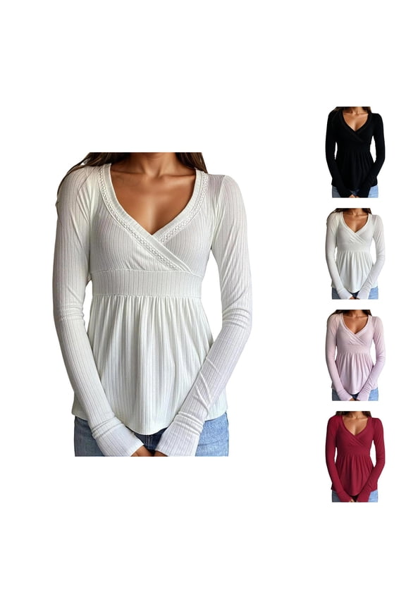 Long Sleeve Shirts for Women Y2k Knit Tops Lace Patchwork Low Cut Peplum Sweater Fairy Vintage 90s Coquette Blouse