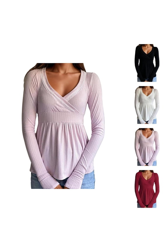 Long Sleeve Shirts for Women Y2k Knit Tops Lace Patchwork Low Cut Peplum Sweater Fairy Vintage 90s Coquette Blouse