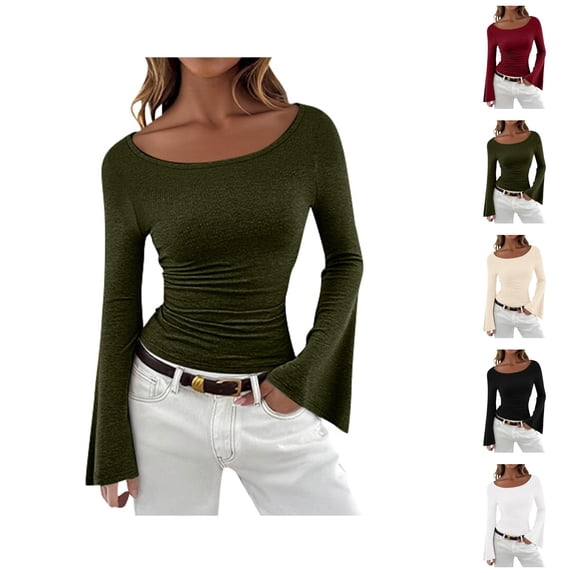 Long Sleeve Shirts for Women Y2k Bell Sleeve Tops Boat Neck Slim Fit Blouse Going out Tops 2026 Spring Trendy Outfits