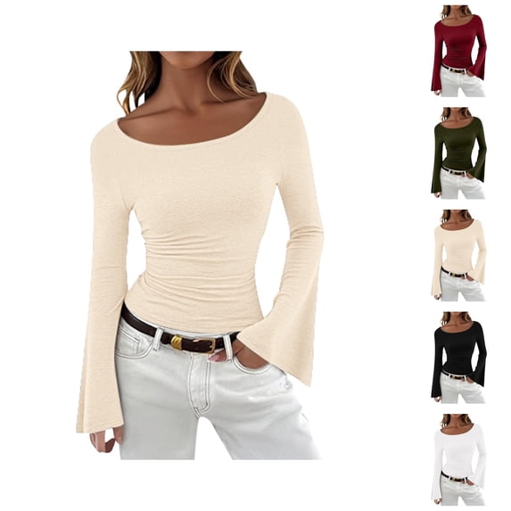 Long Sleeve Shirts for Women Y2k Bell Sleeve Tops Boat Neck Slim Fit Blouse Going out Tops 2026 Spring Trendy Outfits