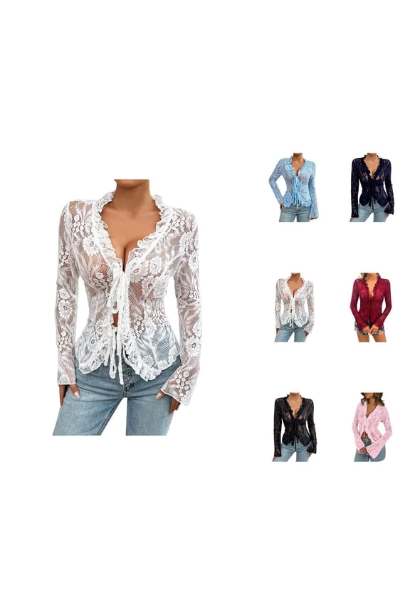 Long Sleeve Shirts for Women Y2k Floral Lace See through V Neck Fairy Bow Tie Front Cardigan Blouse Going out Tops