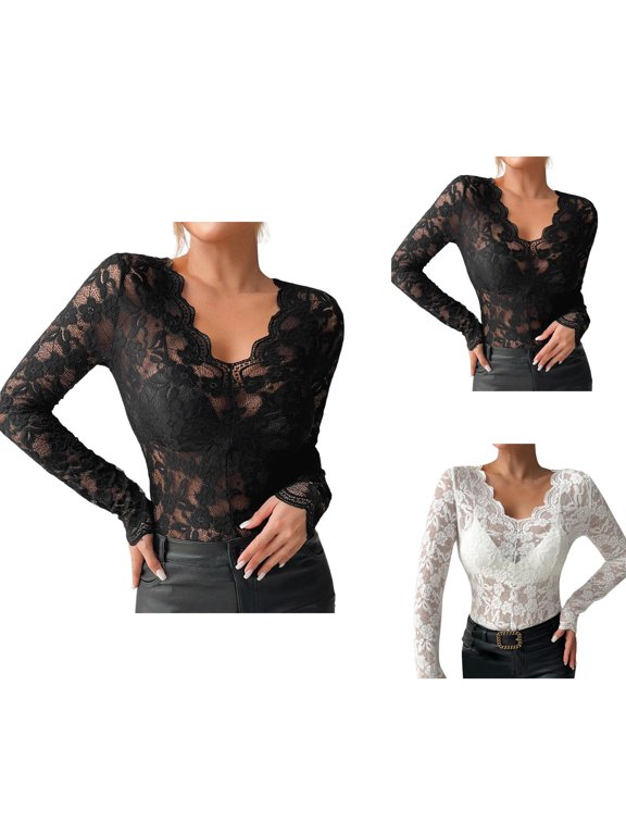 Long Sleeve Shirts for Women Y2k Floral Lace See through V Neck Slim Fit Blouse Going out Tops