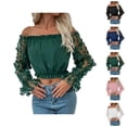 thumbnail image 1 of Long Sleeve Shirts for Women Y2k Floral Mesh Patchwork Off Shoulder Ruffle Trim Cropped Blouse Top, 1 of 5