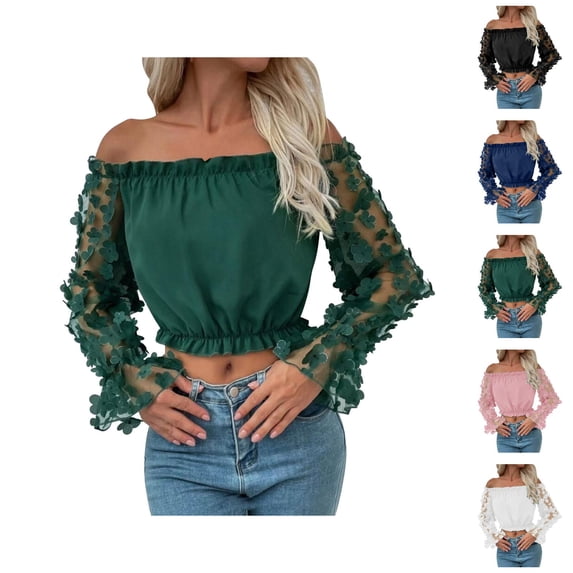 Long Sleeve Shirts for Women Y2k Floral Mesh Patchwork Off Shoulder Ruffle Trim Cropped Blouse Top