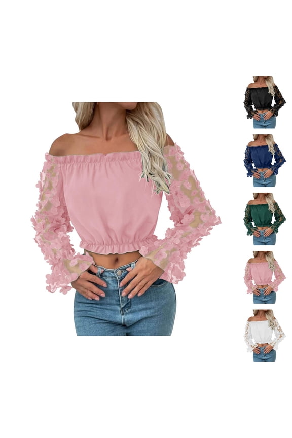 Long Sleeve Shirts for Women Y2k Floral Mesh Patchwork Off Shoulder Ruffle Trim Cropped Blouse Top