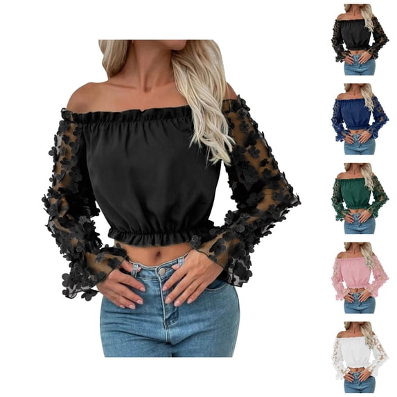 Long Sleeve Shirts for Women Y2k Floral Mesh Patchwork Off Shoulder Ruffle Trim Cropped Blouse Top