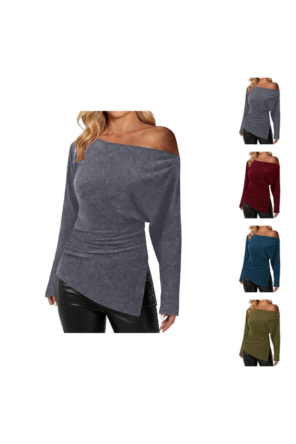 Long Sleeve Shirts for Women Y2k Glitter Silk Off Shoulder Side Split Hem Dressy Casual Blouse Night out Tops