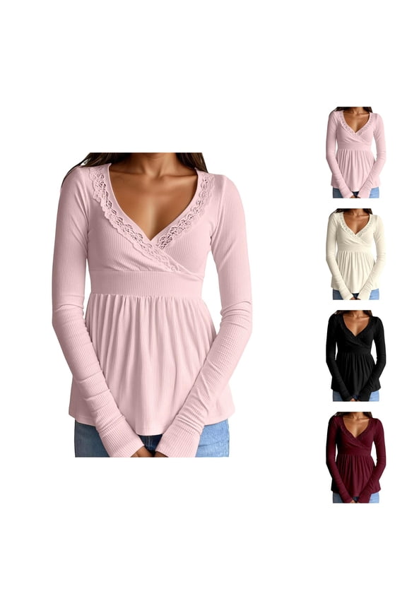 Long Sleeve Shirts for Women Y2k Lace Patchwork Low Cut Peplum Sweater Knit Tops Fairy Vintage 90s Coquette Blouse