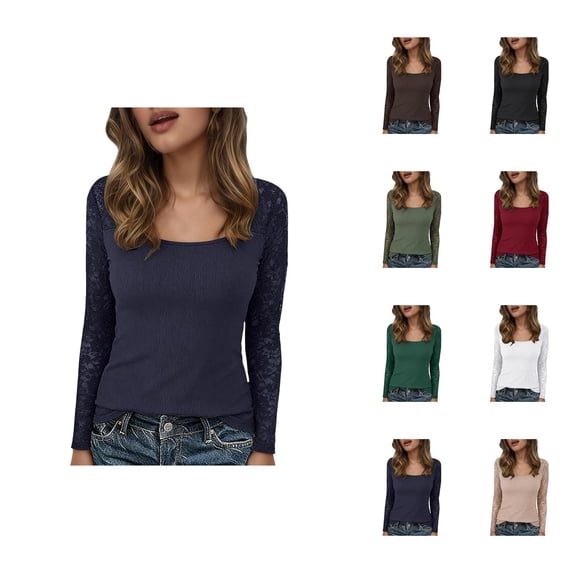 Long Sleeve Shirts for Women Y2k Lace Sleeve Patchwork Scoop Neck Slim Fit Blouse Going out Tops 2026 Spring Trendy Outfits