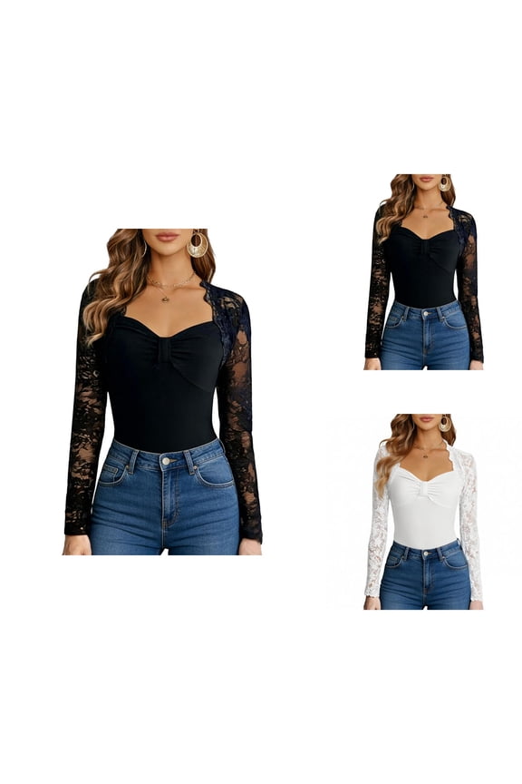 Long Sleeve Shirts for Women Y2k Lace Sleeve Patchwork Sweetheart Neck Slim Fit Blouse Dressy Going out Tops