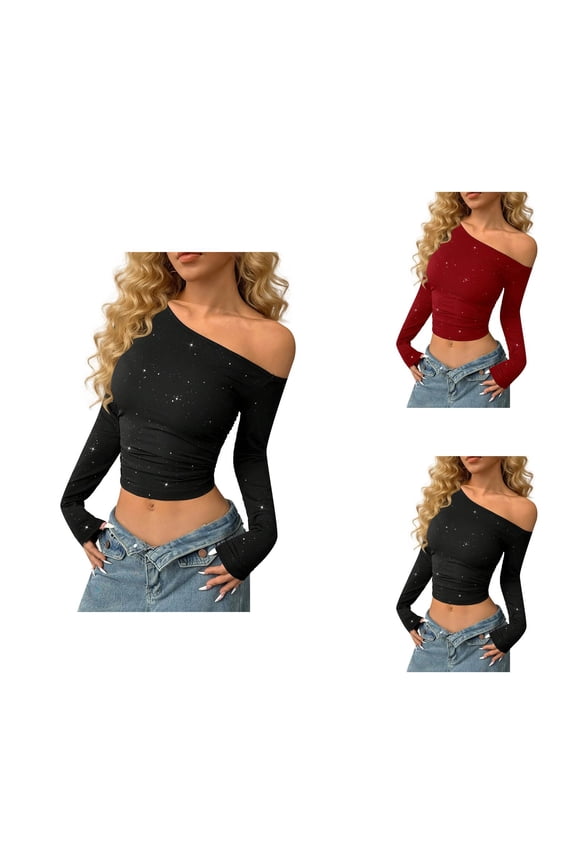 Long Sleeve Shirts for Women Y2k Off Shoulder Rhinestone Slim Fit Cropped Blouse Going out Tops Party Clubwear