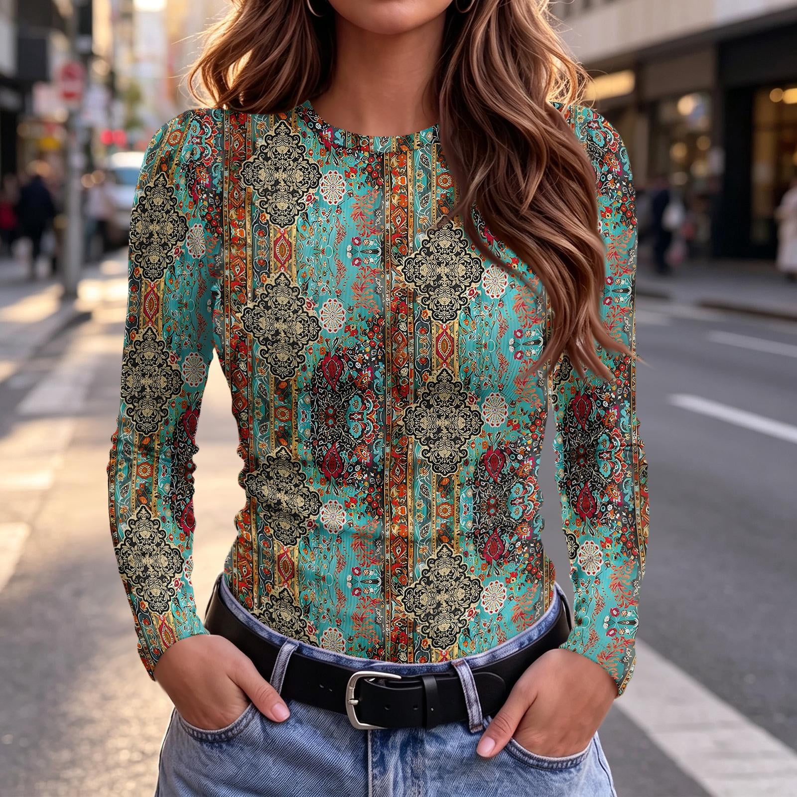 Long Sleeve Shirts for Women Y2k Ribbed Slim Fit Retro Floral Print ...