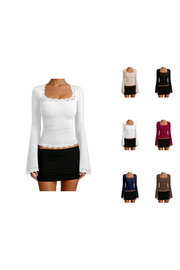 Long Sleeve Shirts for Women Y2k Square Neck Lace Trim Flared Sleeve Slim Fit Cropped Blouse Going out Tops