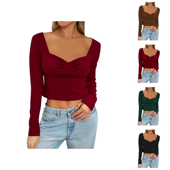 Long Sleeve Shirts for Women Y2k Sweetheart Neck Pleated Bustier Shirt Slim Fit Cropped Blouse Going out Tops