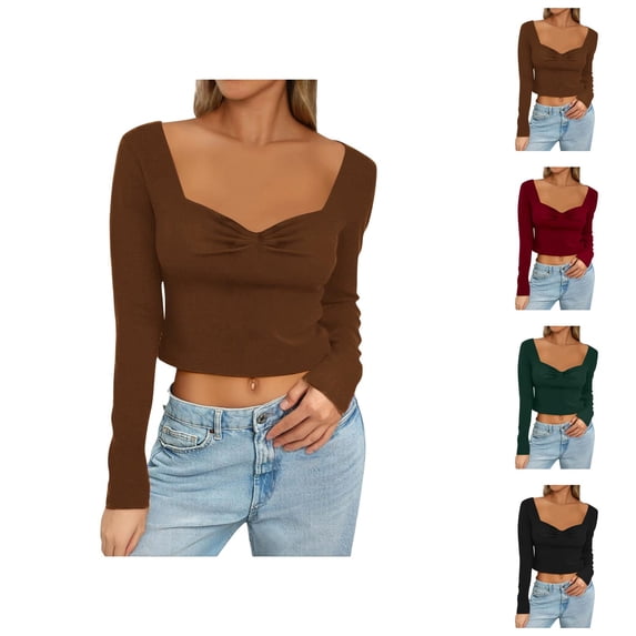 Long Sleeve Shirts for Women Y2k Sweetheart Neck Pleated Bustier Shirt Slim Fit Cropped Blouse Going out Tops