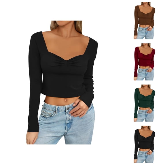 Long Sleeve Shirts for Women Y2k Sweetheart Neck Pleated Bustier Shirt Slim Fit Cropped Blouse Going out Tops