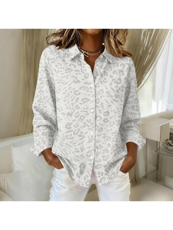 Long Sleeve Shirts for Women ZDNIXIAN Women Leopard Print Collared Long Sleeve Button Down Shirt, Loose Casual Blouse, Relaxed Fit Printed Tunic Top