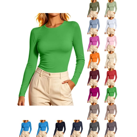 Long Sleeve Shirts for Women Zaewscy Women Crew Neck Long Sleeve Slim Fitted T-Shirt Stretchy Basic Layering Tee Top Casual Daily Wear Green L